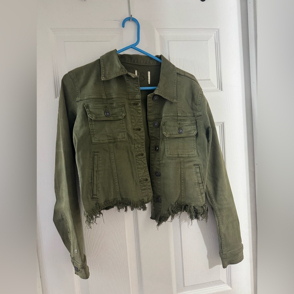 Olive Green Frayed Hem Utility Jacket - Women